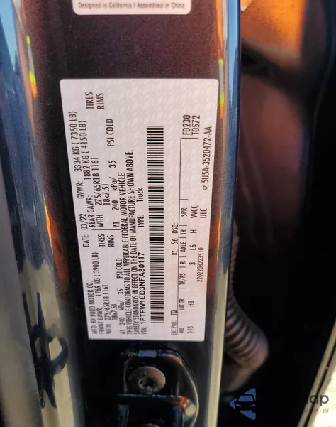 2022 Ford F150 Supercrew from USA, damaged, VIN 1FTFW1ED3NFA80117